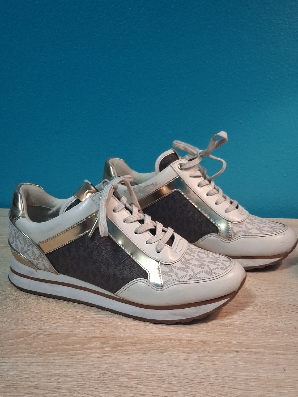 Michael Kors Maddy Cream, Brown and Gold Logo-Trim Sneakers
